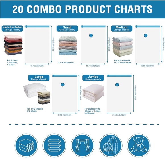 NIB-20 Pack Vacuum Storage Bags, Space Saver Bags 5 Sizes Hand Pump Included - Picture 5 of 9